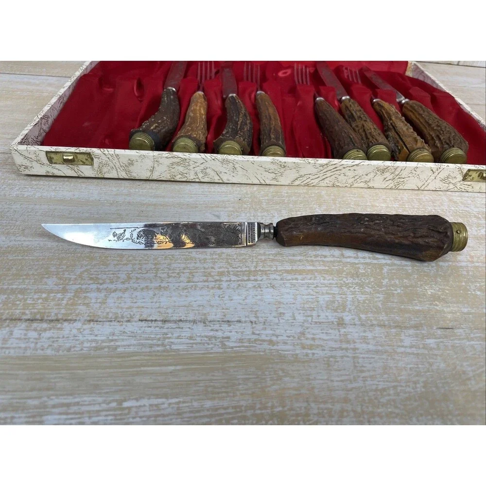 Anton Wingen Jr Solingen-Germany 9 pcs Rostfrei Flatware Stag Knife Fork Set